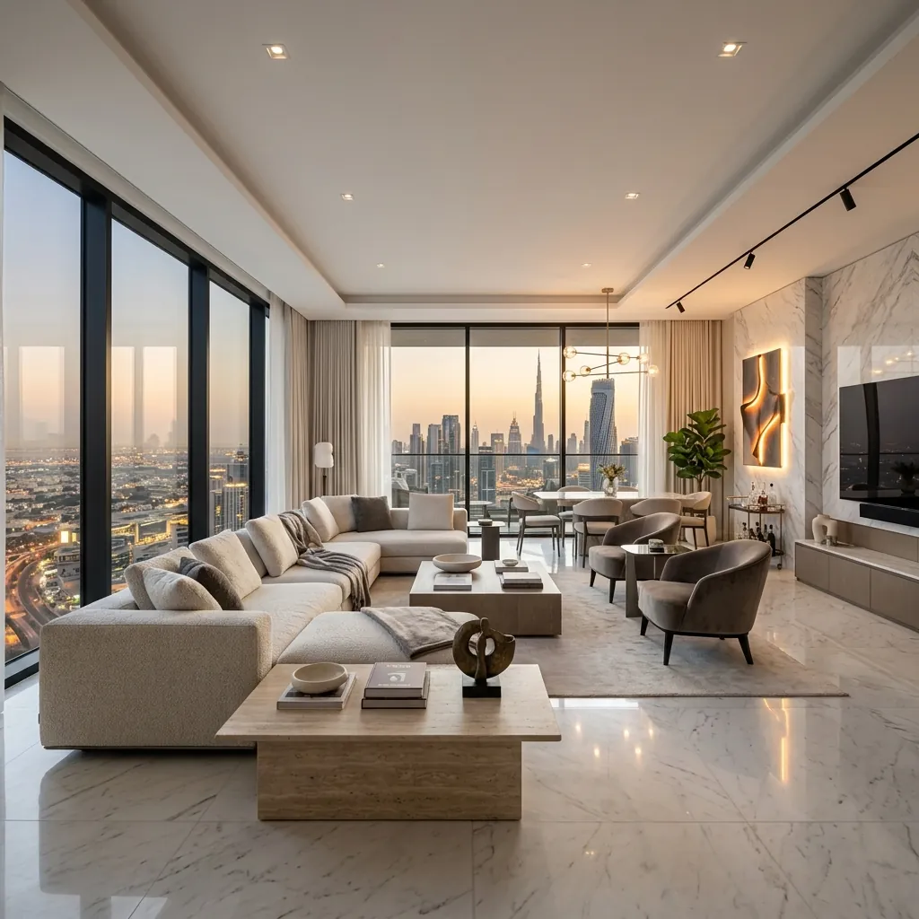Luxury Dubai apartment interior with city views